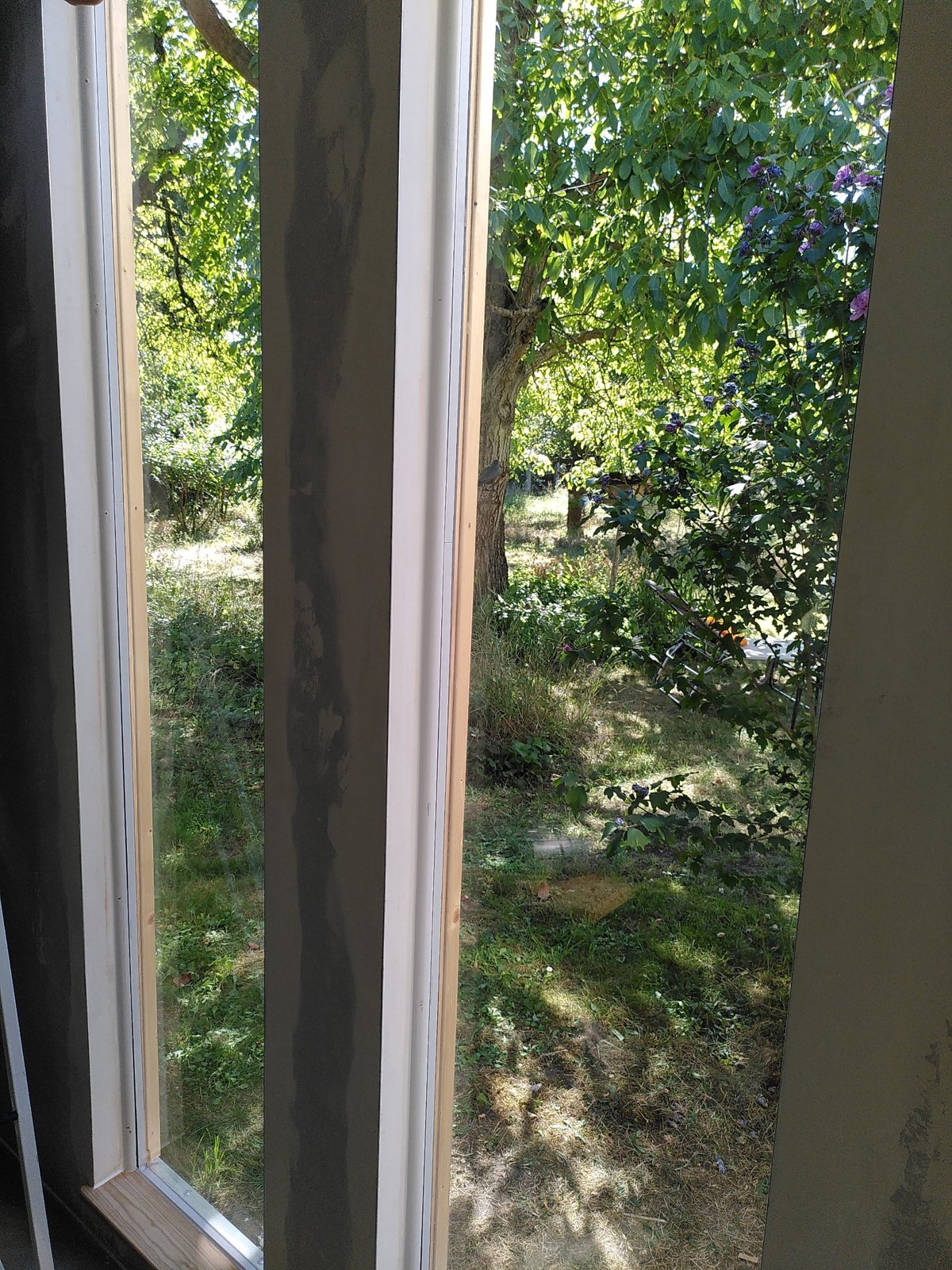 Blick durch die neuen schmalen Fenster in den Garten